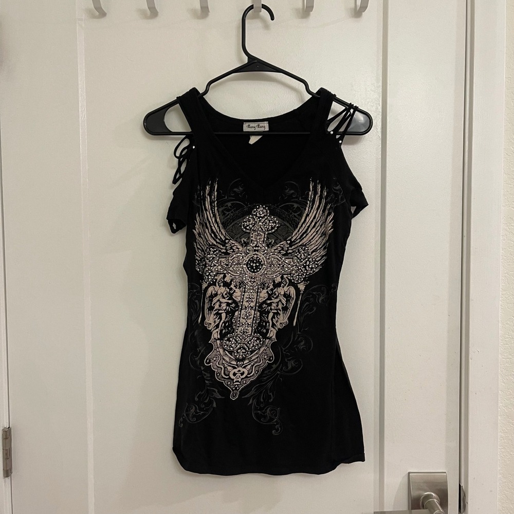 Vintage‎ Y2K Grunge Black Off the Shoulder Shirt Beaded Cross Wings Grunge